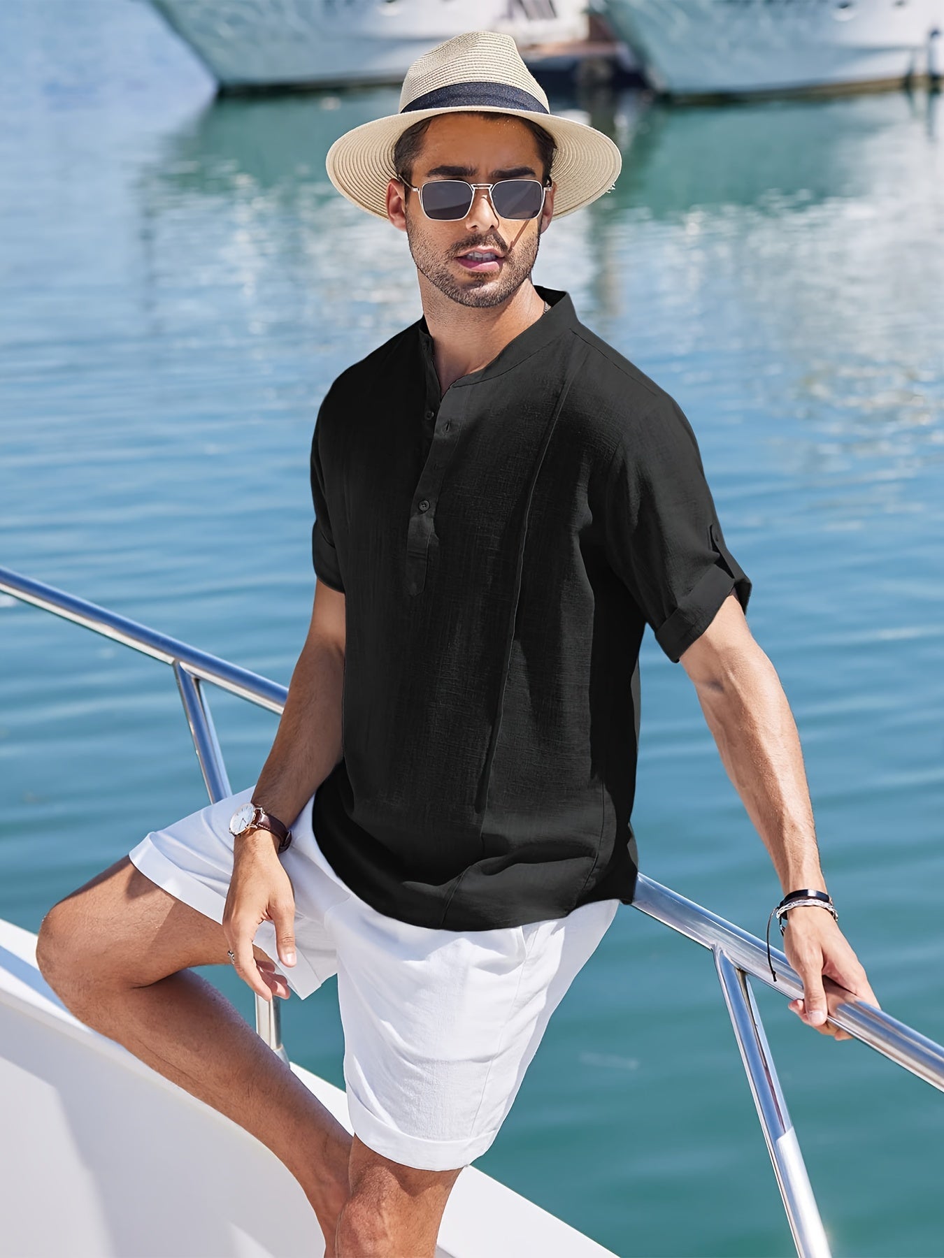 Men’s Short-Sleeve Shirt with Split Neckline and Curved Hem