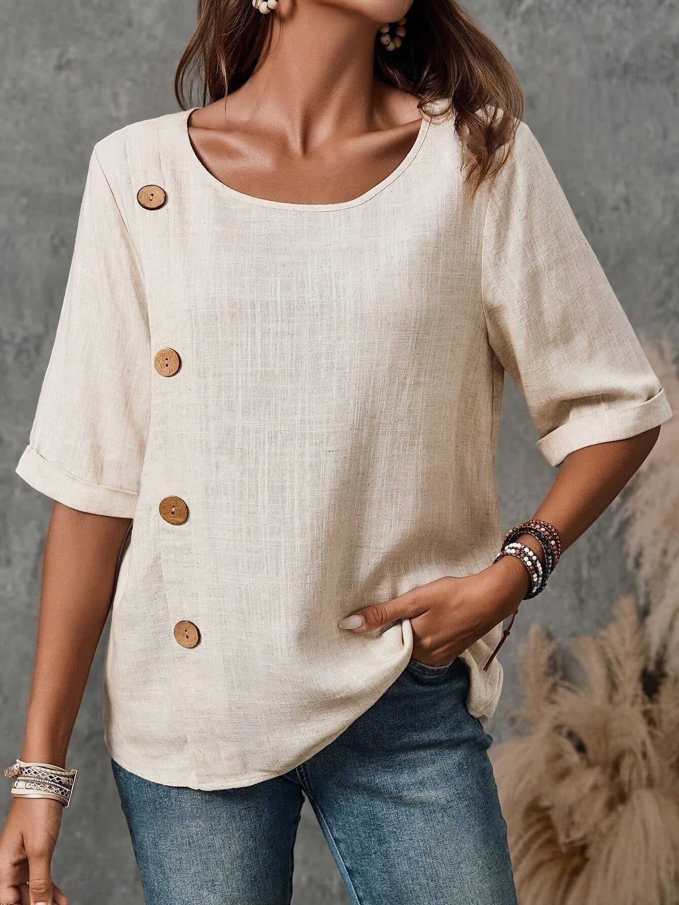 Button Detail Top with Short Sleeves and Relaxed Fit