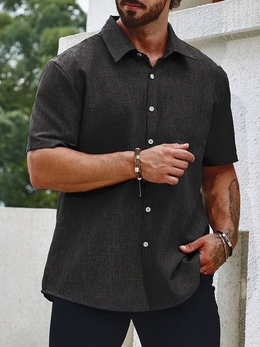 Men’s Short-Sleeve Button-Up Shirt with Textured Fabric