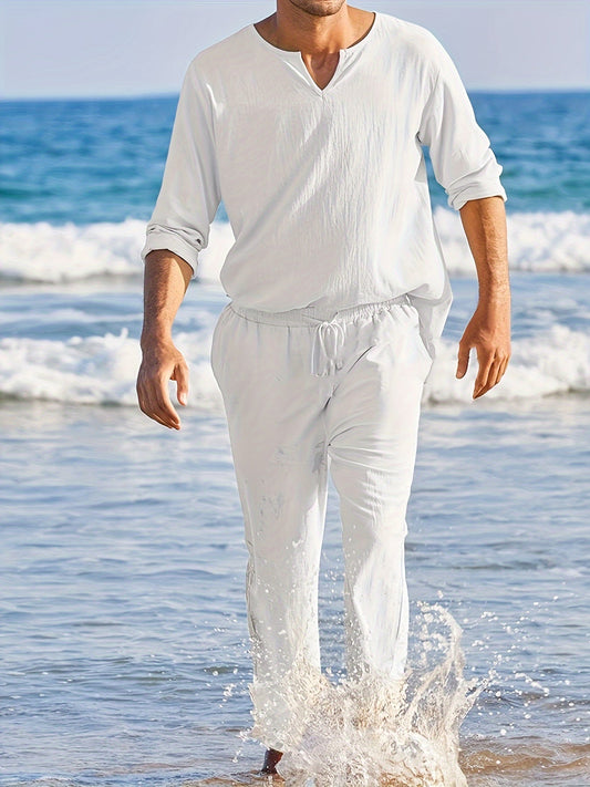 Long-Sleeve Shirt and Elastic Waist Pants Set for Casual Wear