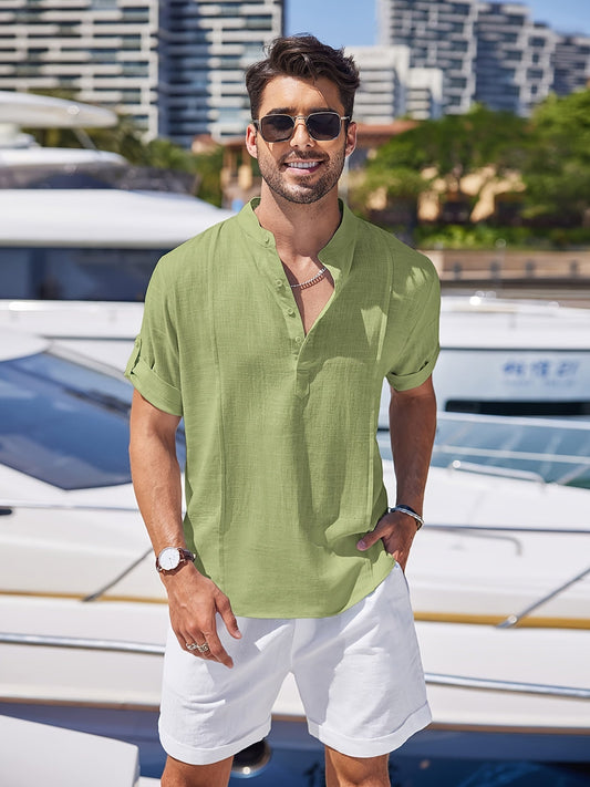 Men’s Short-Sleeve Shirt with Split Neckline and Curved Hem
