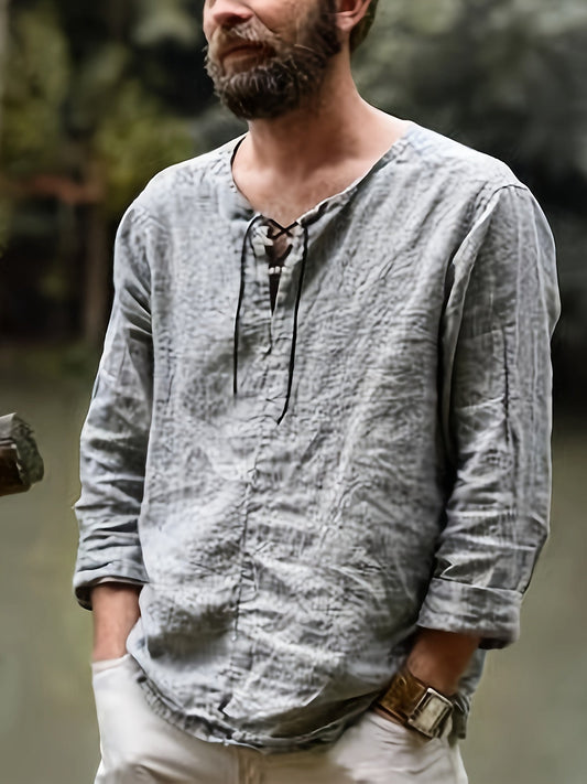 Men’s Long-Sleeve Shirt with Lace-Up Neckline and Textured Fabric