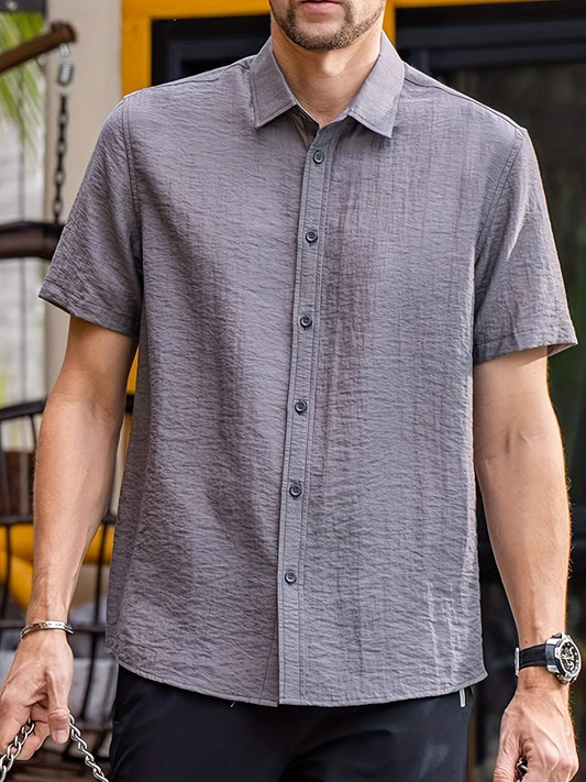 Men’s Short-Sleeve Button-Up Shirt with Textured Fabric