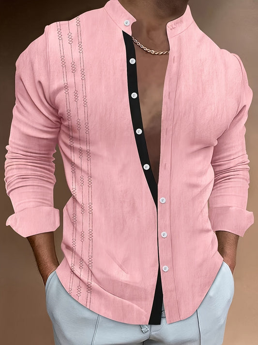 Men’s Long-Sleeve Button-Up Shirt with Stand Collar and Textured Fabric