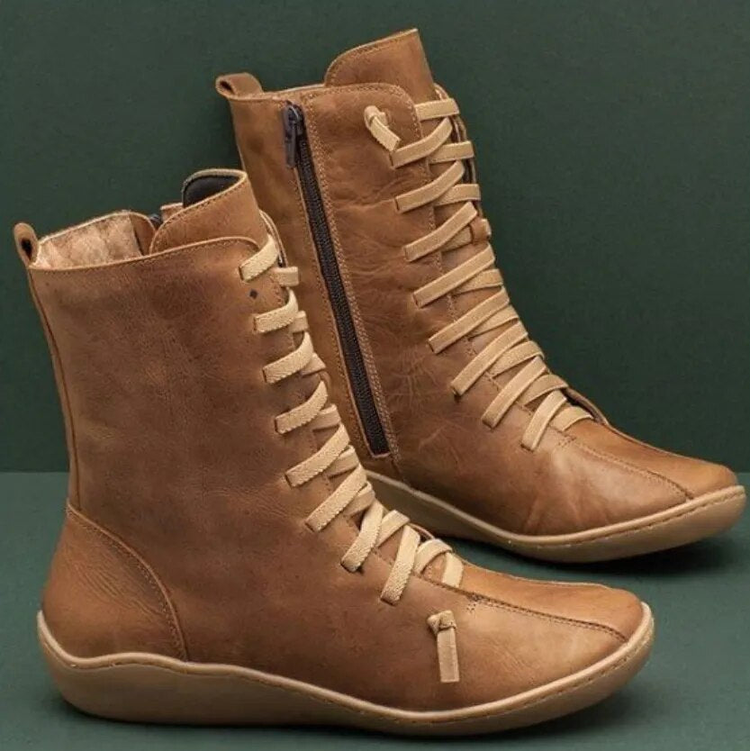 Side-Zip Ankle Boots with Lace-Up Front and Flat Soles