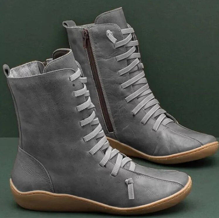 Side-Zip Ankle Boots with Lace-Up Front and Flat Soles