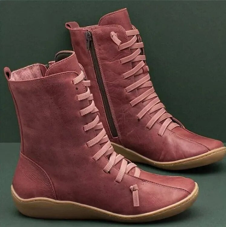 Side-Zip Ankle Boots with Lace-Up Front and Flat Soles