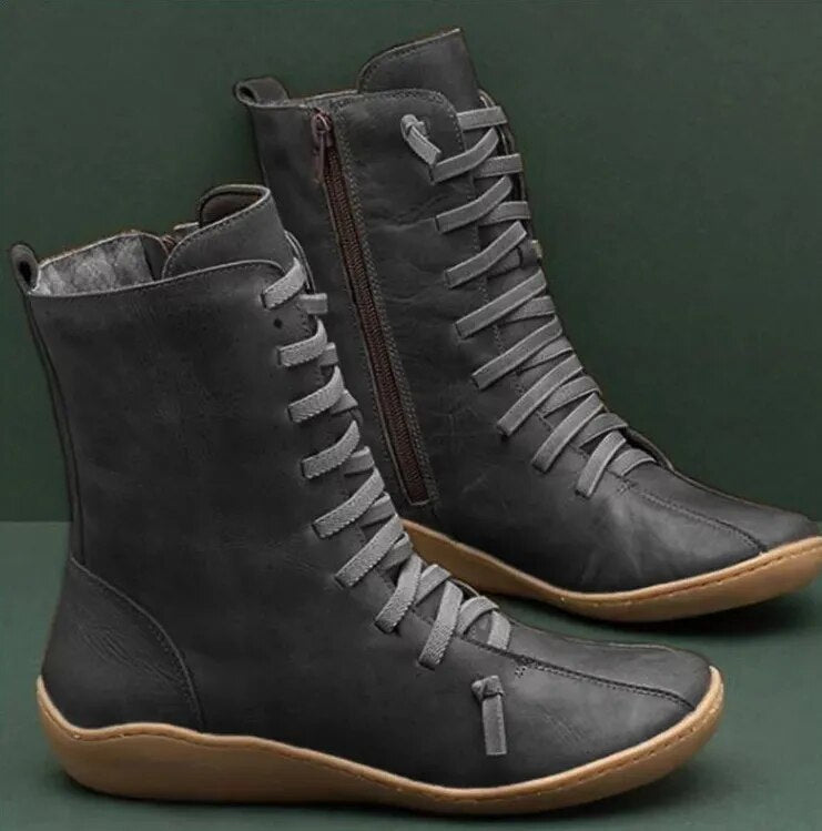 Side-Zip Ankle Boots with Lace-Up Front and Flat Soles